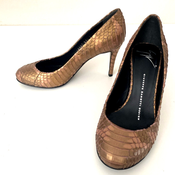 Giuseppe Zanotti Embossed Snakeskin Pump Python Bronze Round Toe Slim Heel 35.5 - Picture 9 of 13